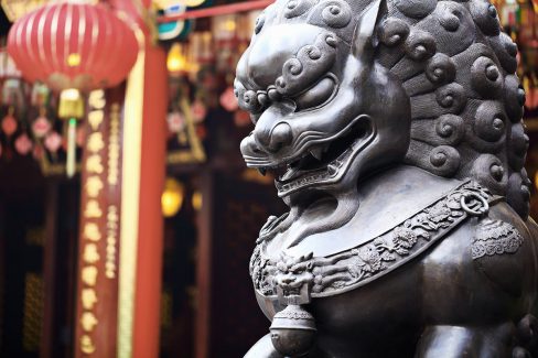 Lion statue in front of chinese temple
